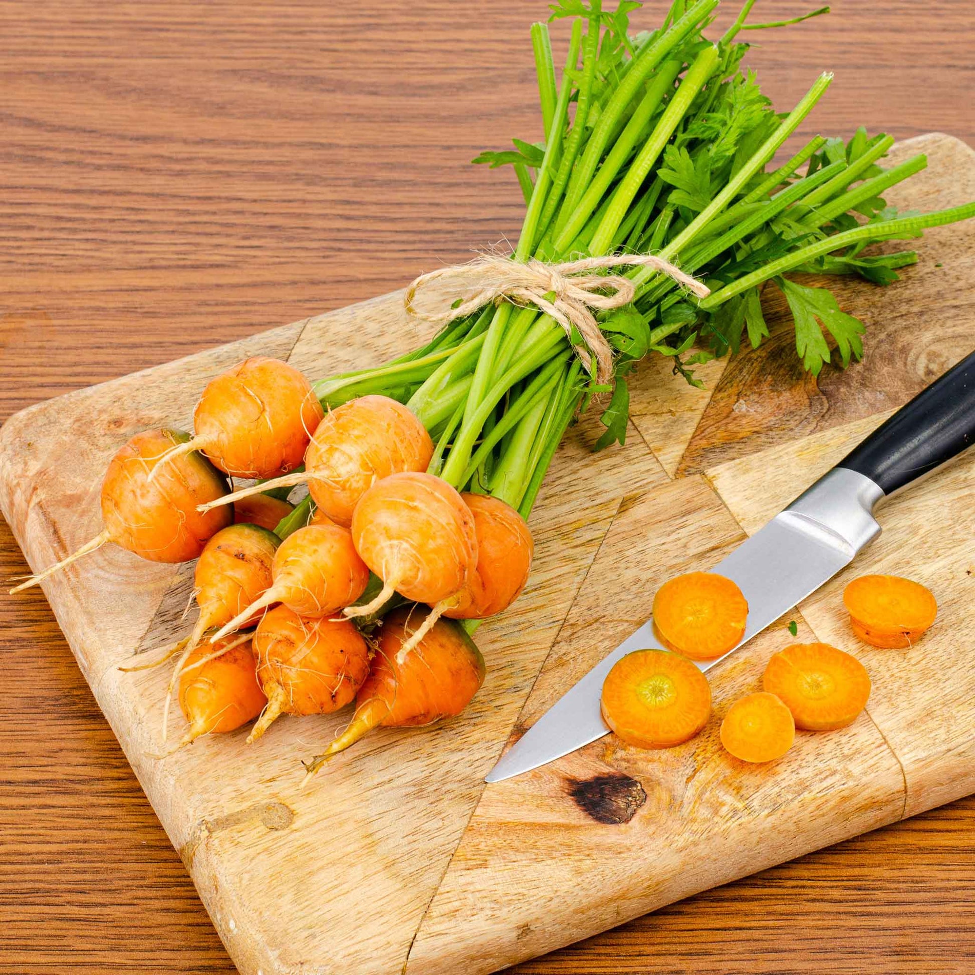 Close-up of small, round orange thumbelina carrots with green tops, fresh from the garden.