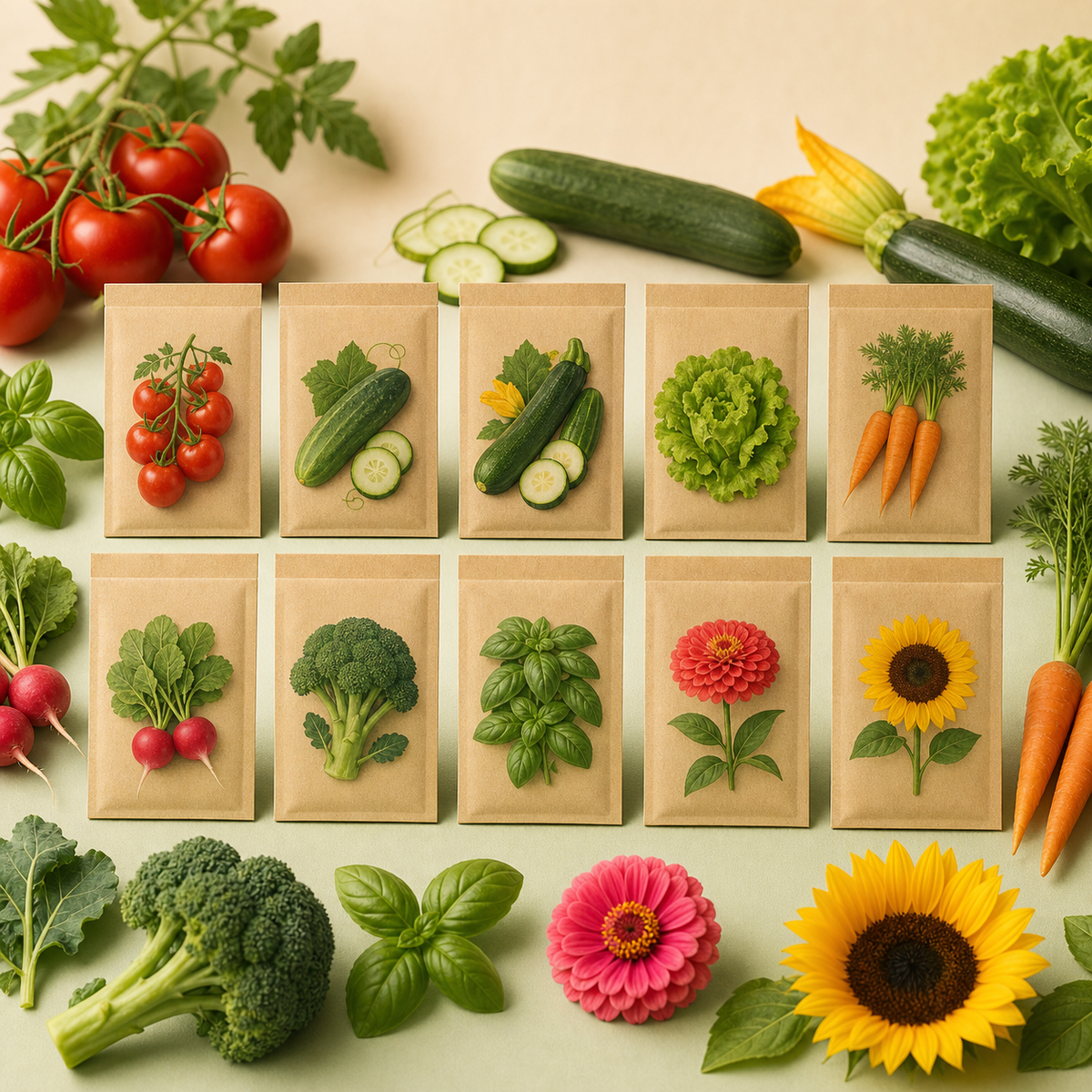Ten beginner garden seed packets with vegetables herbs and flowers
