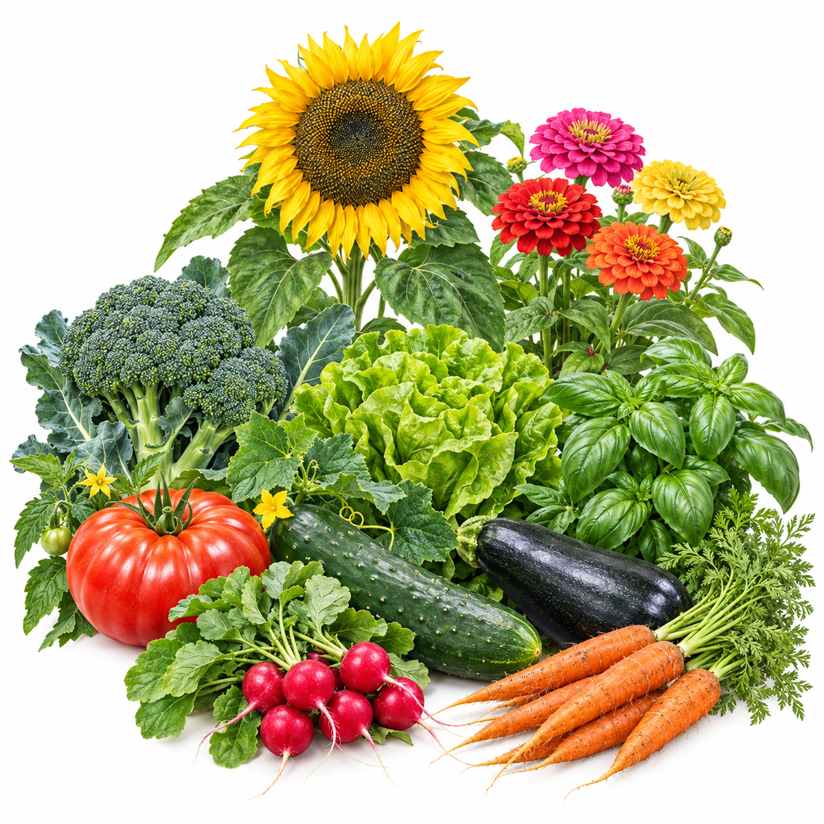 Mature vegetables, herbs and flowers from the complete beginner garden collection