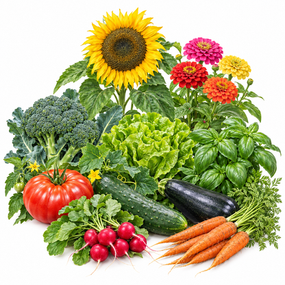 Mature vegetables, herbs and flowers from the complete beginner garden collection