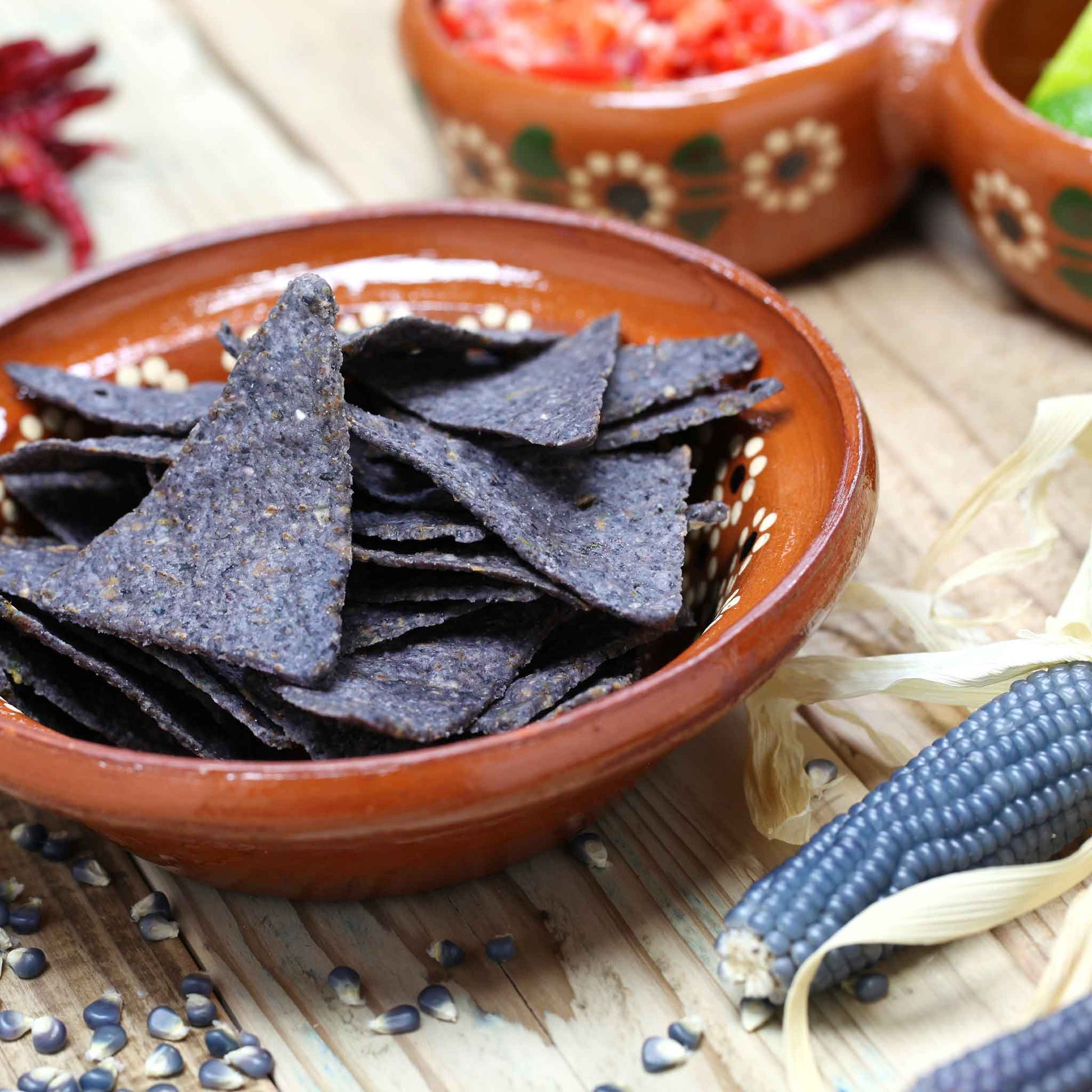 A plate of chips made form Blue Hopi corn.