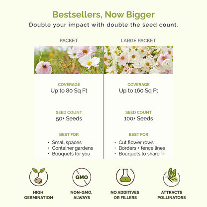 Comparison chart of seed packet and large packet sizes with coverage, seed count, and benefits listed.