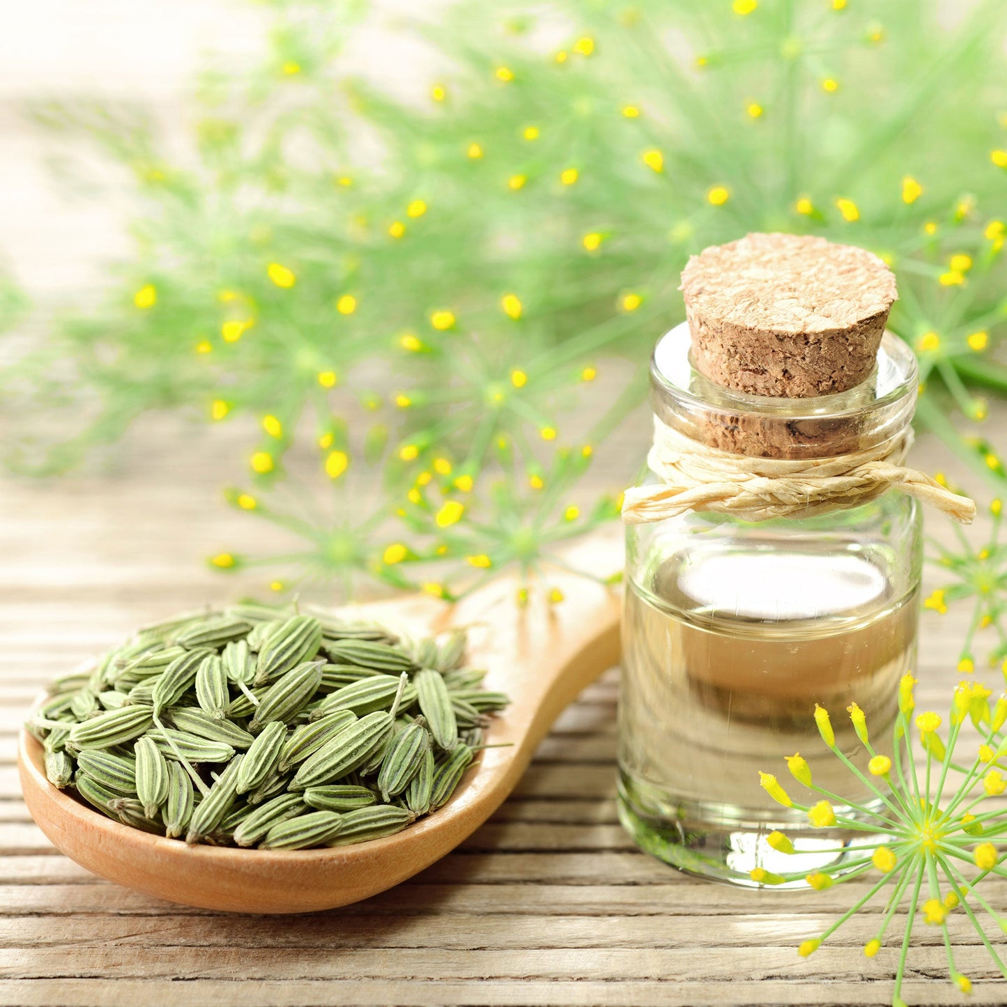 Close-up of fennel seeds with a wooden spoon on a white surface, ready for culinary use or planting.