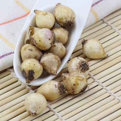 Grape Hyacinth bulbs in a scoop and spilling out on a wooden surface.