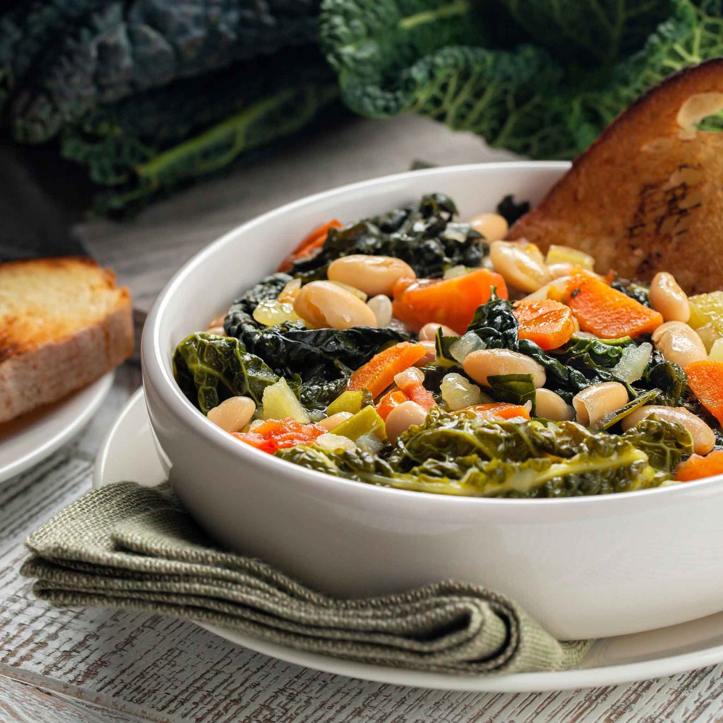 A bowl of vegetable soup with Lacinato Kale mixed in.