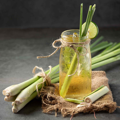 A close-up shot of green, blade-like lemongrass stalks next to a jar of lemongrass tea.