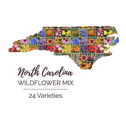 Graphic of the outline of the state for North Carolina Wildflower Seed Mix that contains images of the flowers in the mix