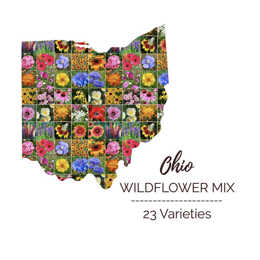 Graphic of the outline of the state for Ohio Wildflower Seed Mix that contains images of the flowers in the mix
