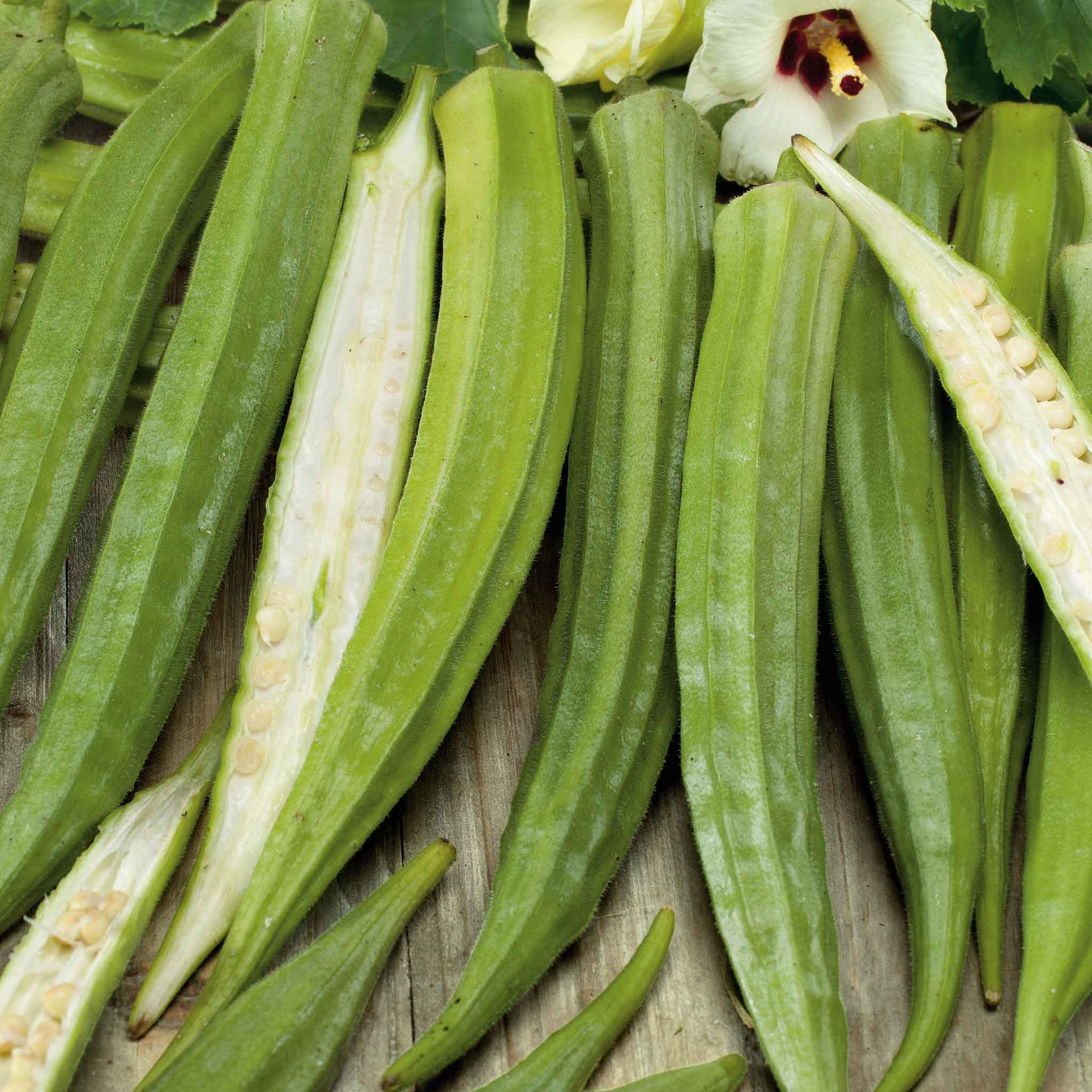 A close-up shot of several Cow Horn okra pods in a pile with some sliced open showing the white interior.