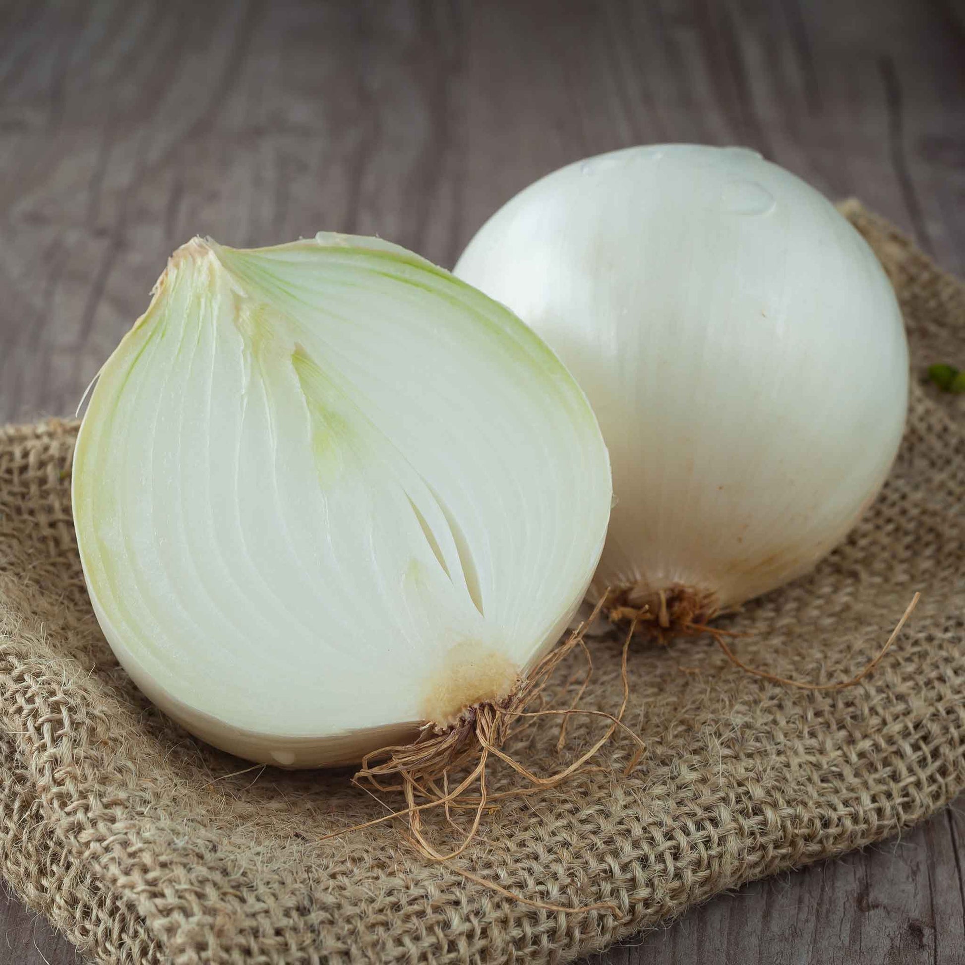 A sliced White Sweet Spanish onion showing the white skin and interior.