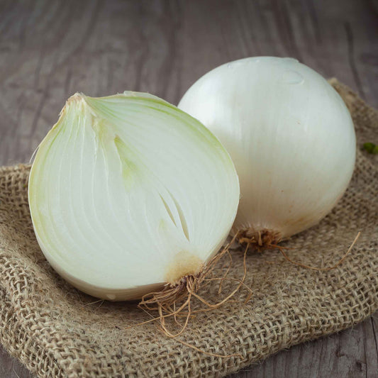 A sliced White Sweet Spanish onion showing the white skin and interior.