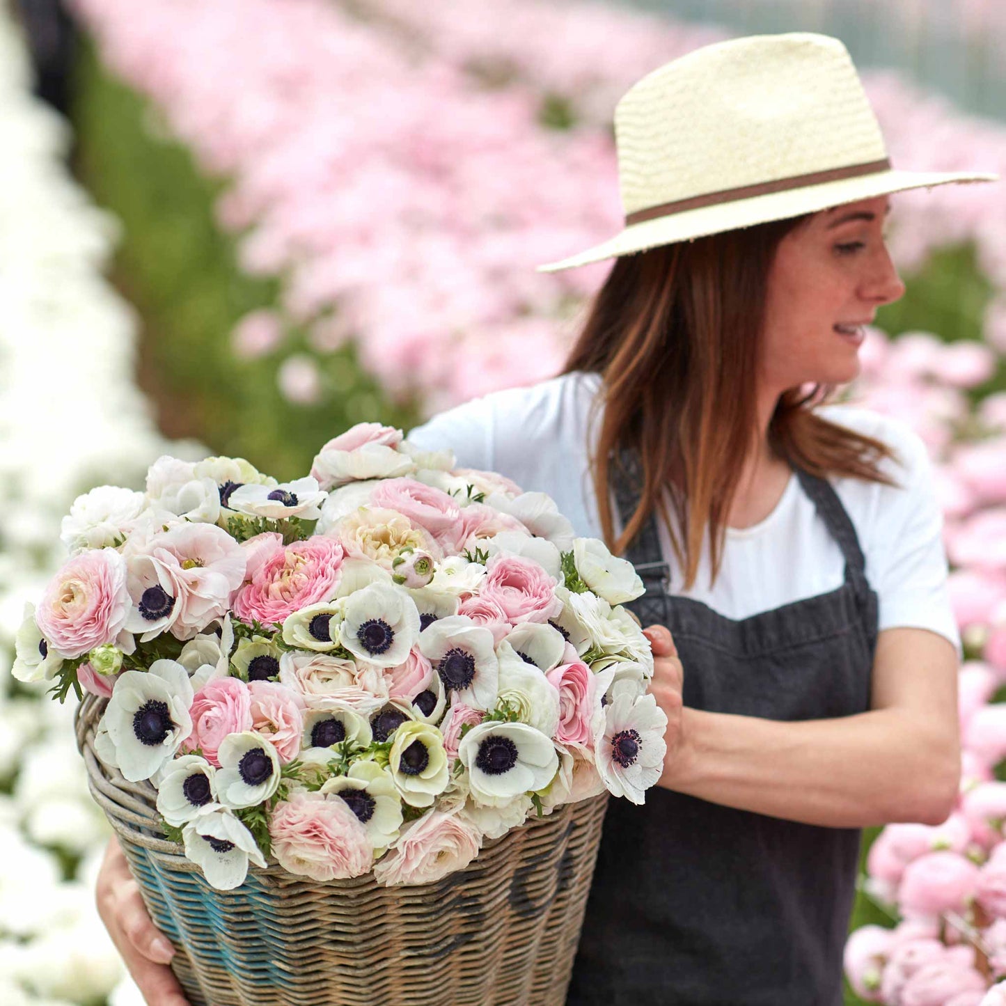 A person holding a bouquet of Paris in Spring anemone and ranunculus flowers in a garden setting.