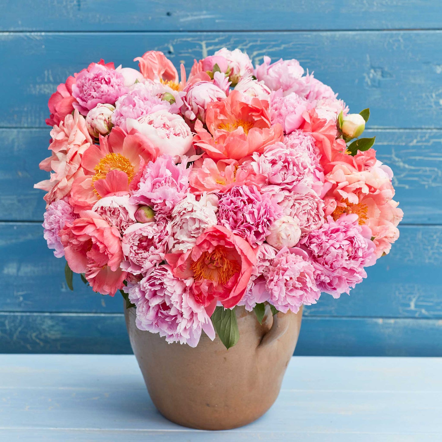 A bouquet of pastel mix peony flowers in a ceramic pot with a neutral background.