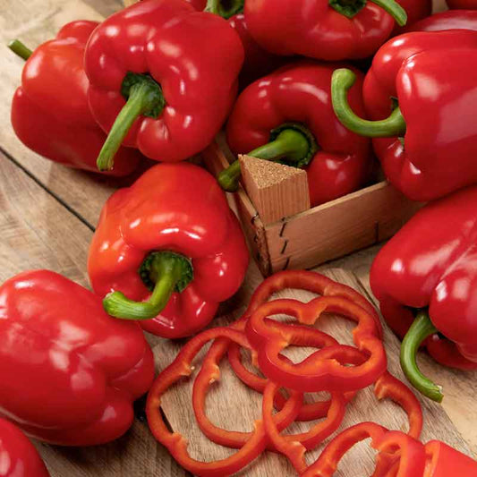 A lot of Big Red Bell peppers showing glossy skin, green stems, and slices of pepper. | copyright: Floramedia UK Ltd