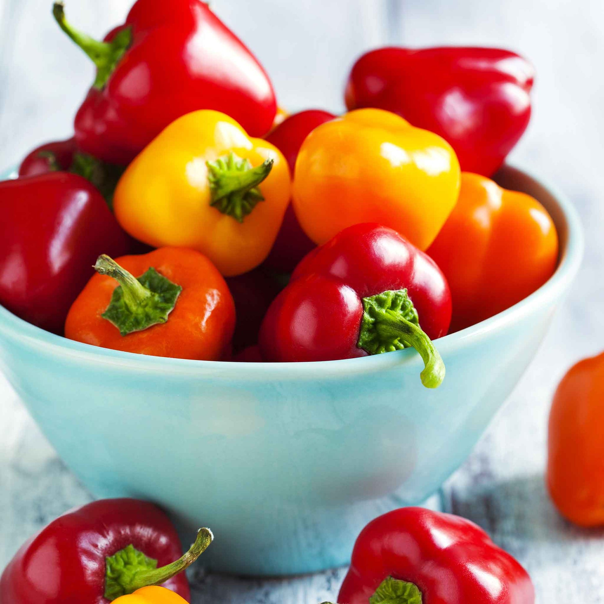 A bowl of Mini Bell Blend Peppers showing colorful peppers or red and orange.