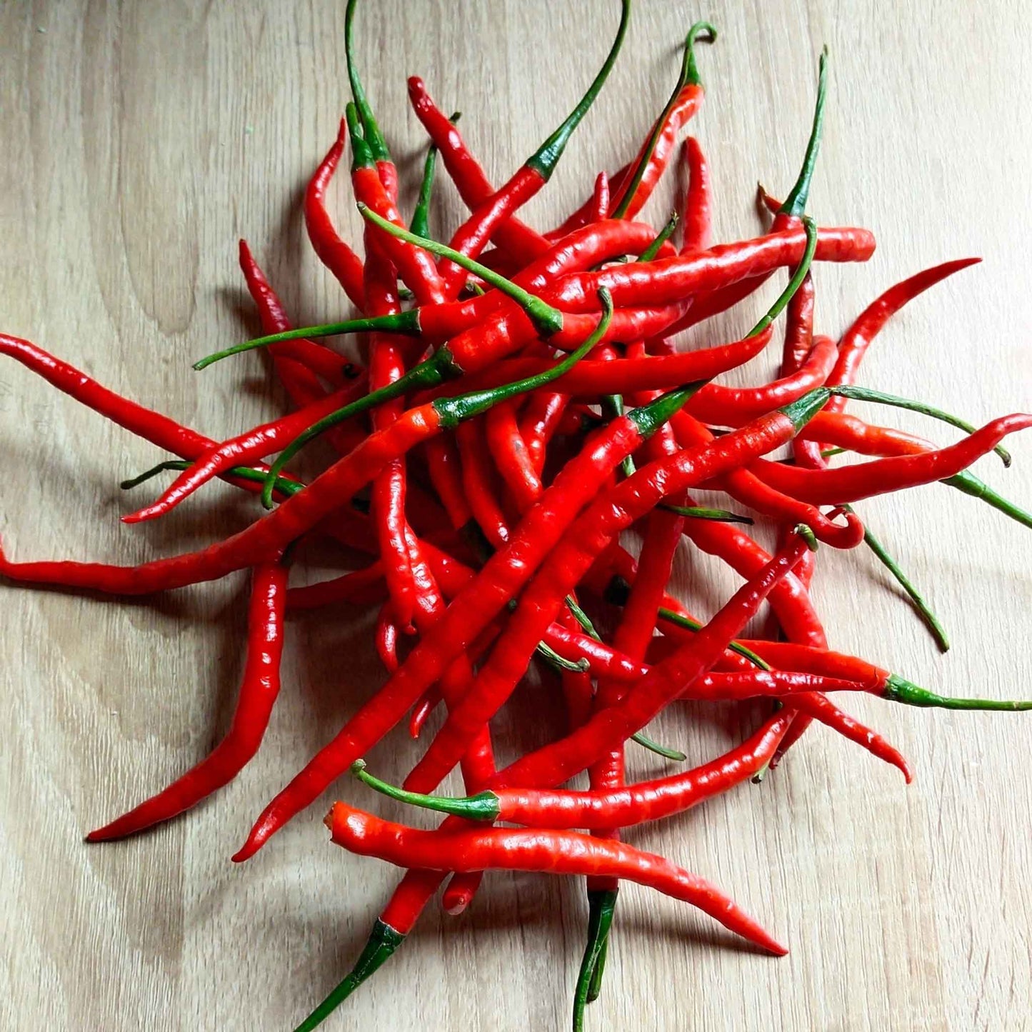 A pile of dried Cayenne Long Red Thin peppers.