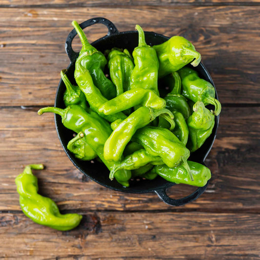 A bowl of green Pepperoncini Italian peppers with green stems and wrinkly skin.