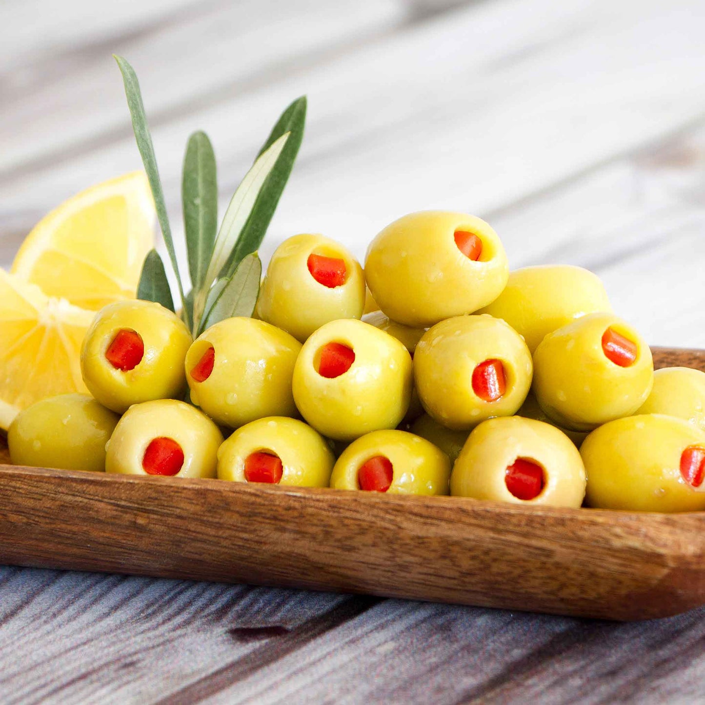 Olives stuffed with Pimento peppers.