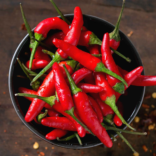 A cluster of small, vibrant Thai Super Chili F1 peppers with green stems, in a bowl.