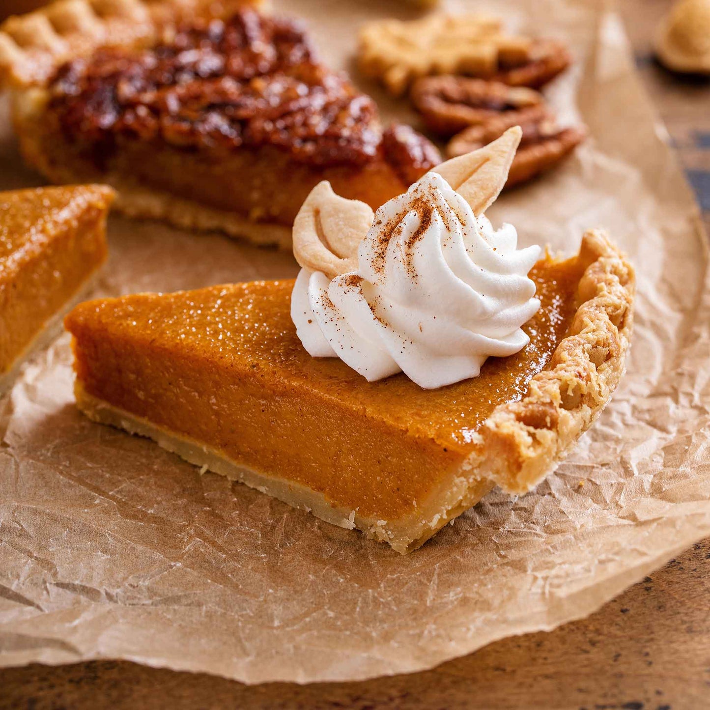 A slice of Kentucky Field pumpkin pie with a dollop of whipped cream.