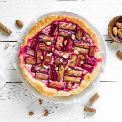 Victoria rhubarb in a rhubarb pie showing nice red coloring. 