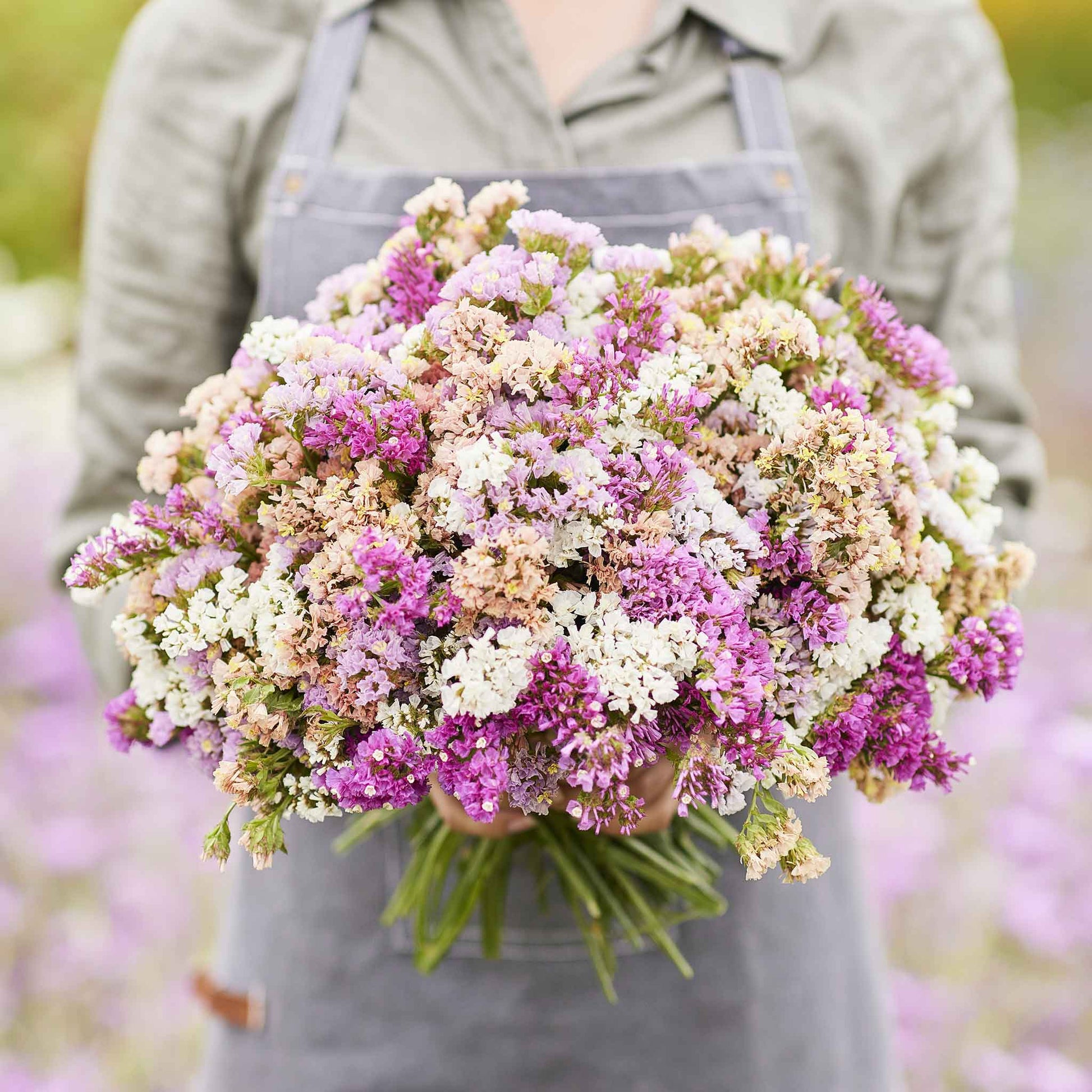 Statice pastel mix pink, purple and yellow bouquet held by person against a gray background