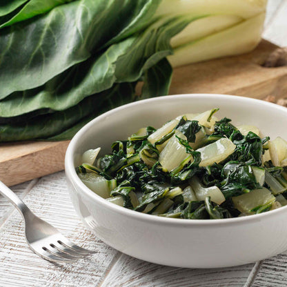 A bowl of chopped up Fordhook Giant Swiss Chard.