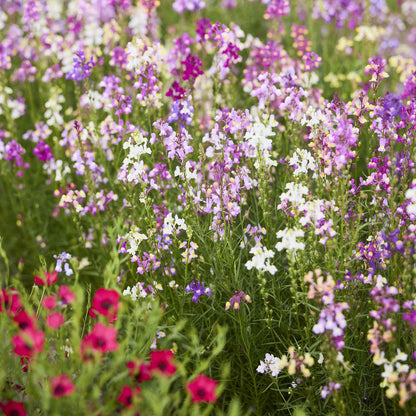 Snapdragon toadflax pink, white and red small flowers blooming in a green garden background
