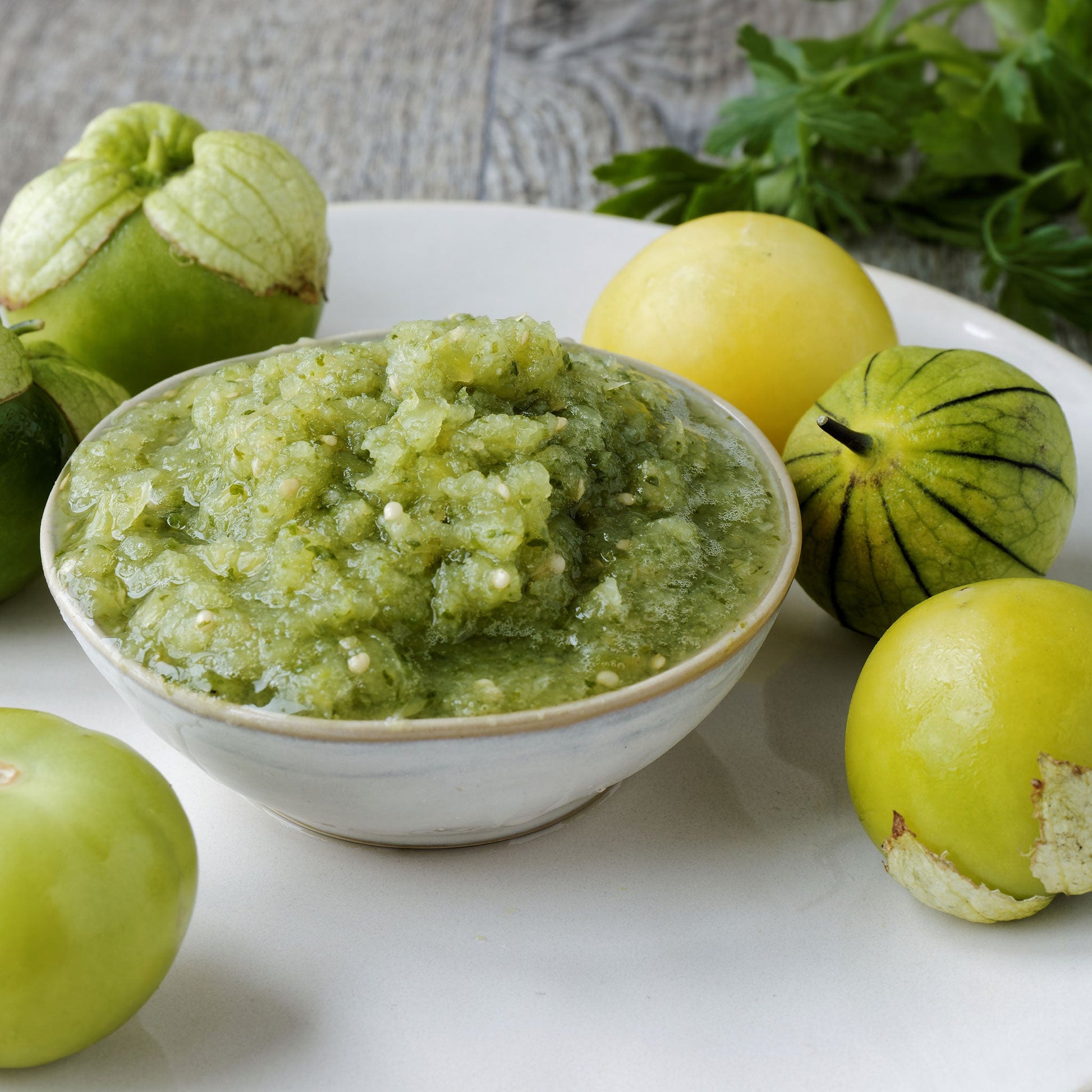 A bowl of salsa made with Rio Grande Verde tomatillos.