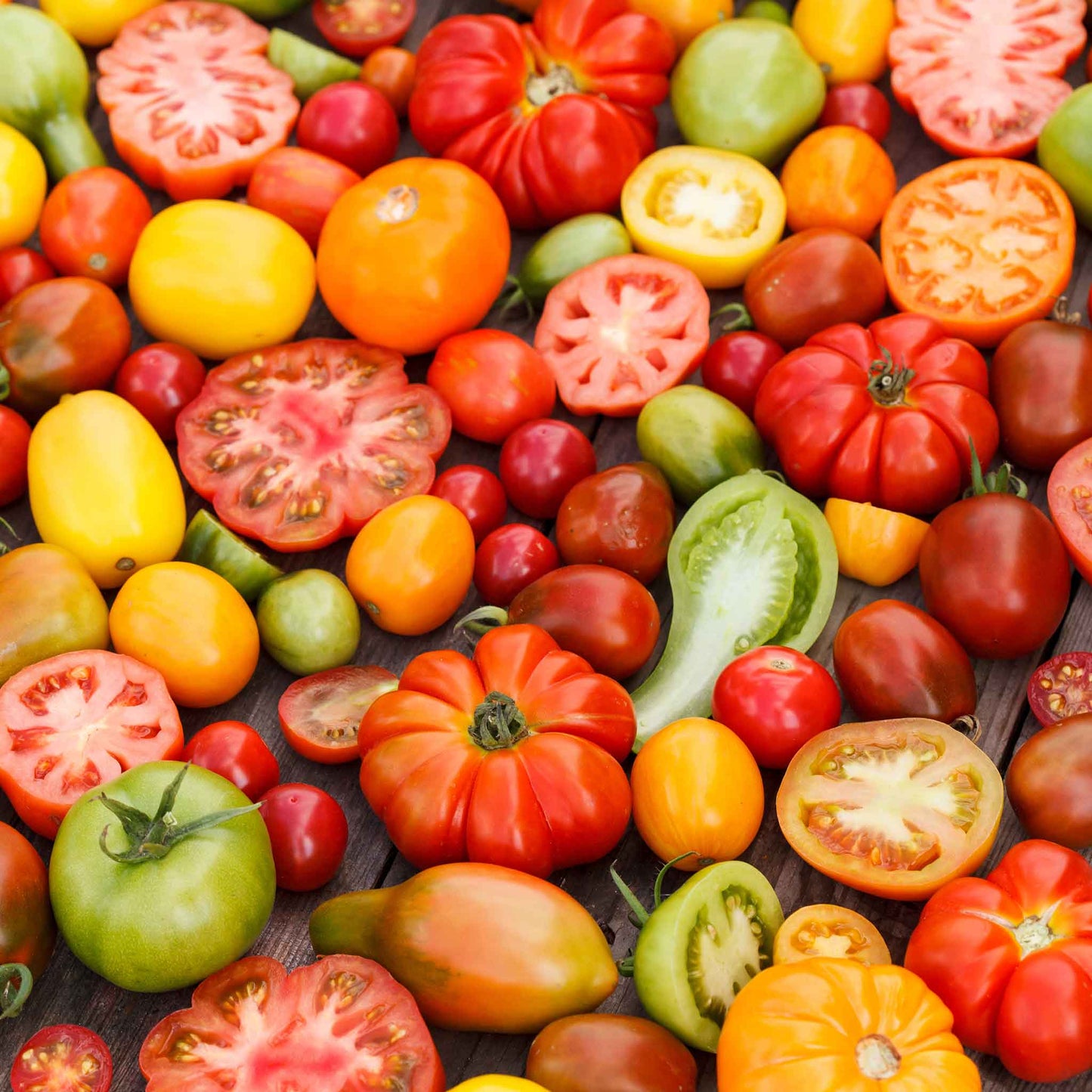 A vibrant mix of tomatoes in various colors, shapes, and sizes, showcasing their natural diversity.