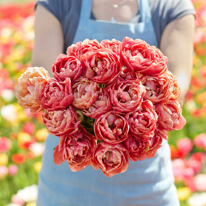 Person holding a bouquet of pink copper image tulip flowers with a blurred floral background