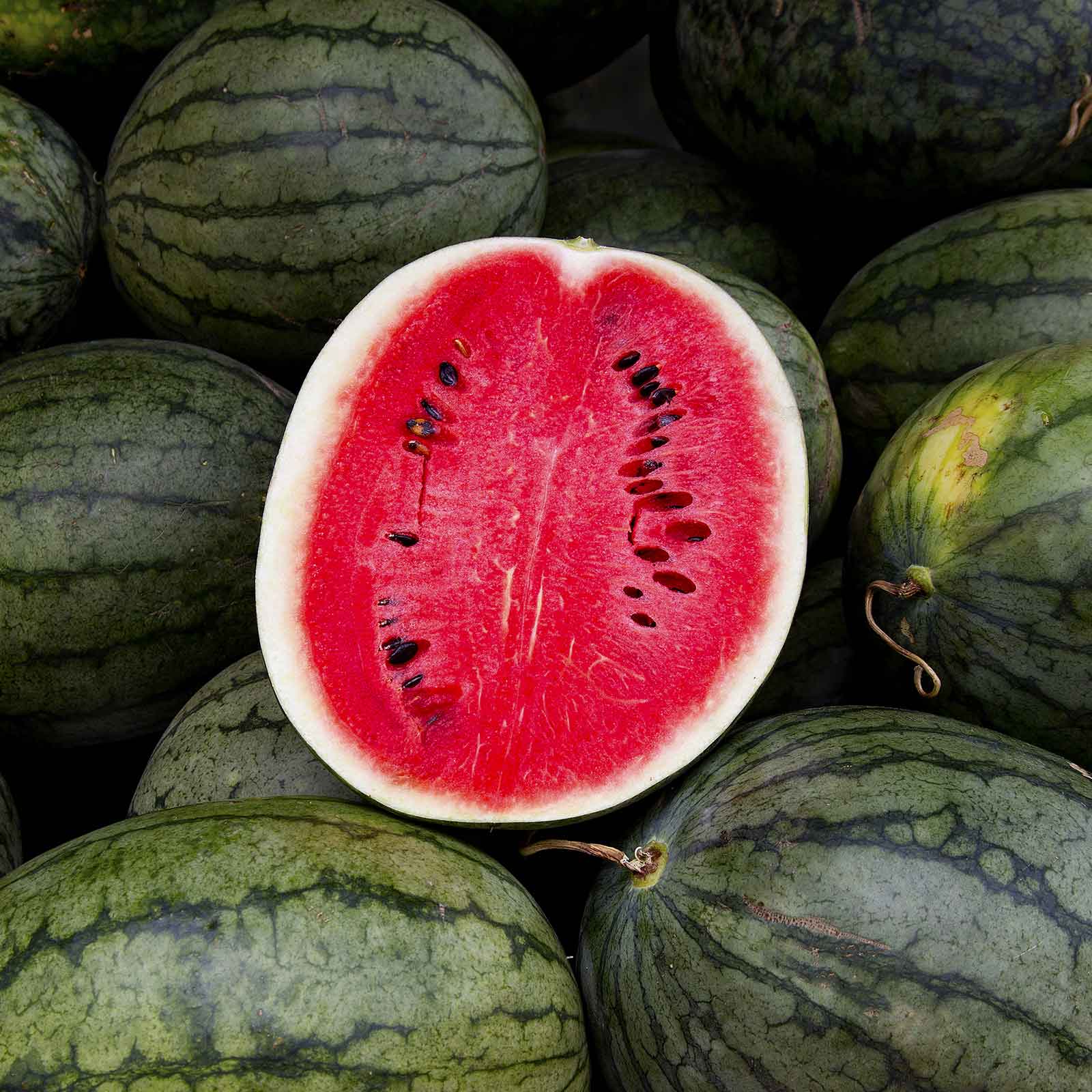 A cross-section of a Black Diamond watermelon shows its red flesh and black seeds on a pile of other Black Diamond watermelon.