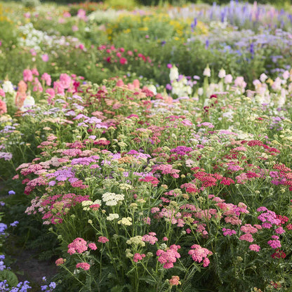 Yarrow summer pastels mix with pink, yellow, and red clusters in a sunny garden.