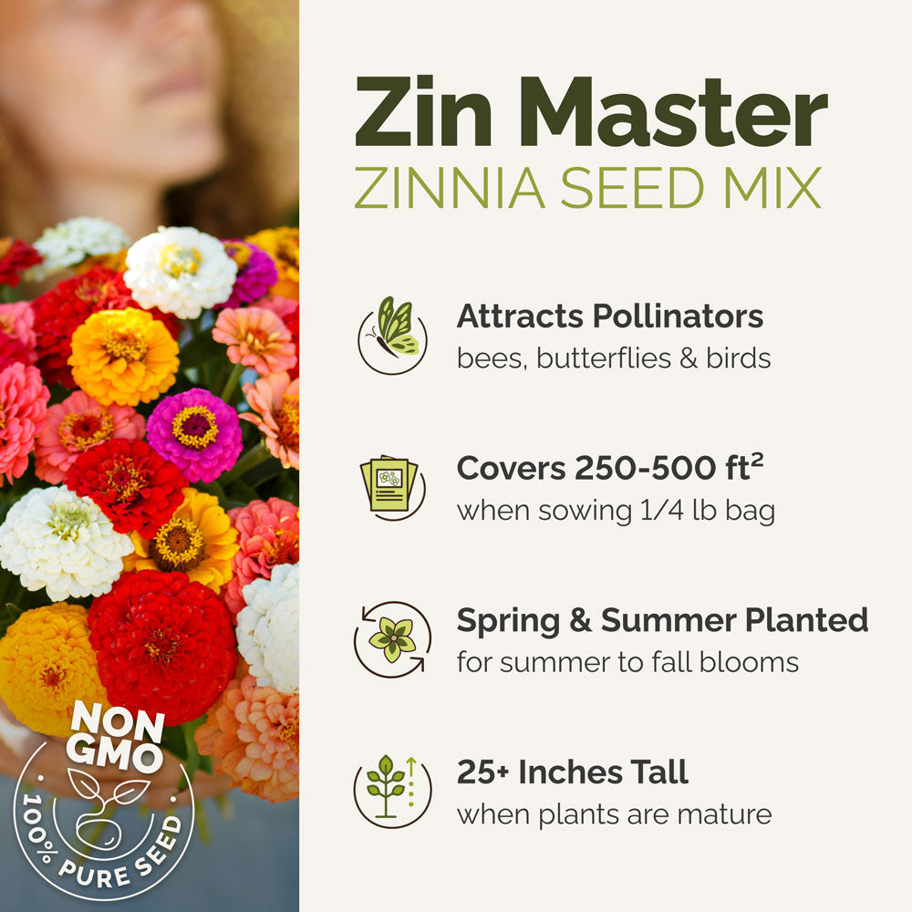 Zin Master Zinnia Seed Mix packaging with colorful flowers and product details.