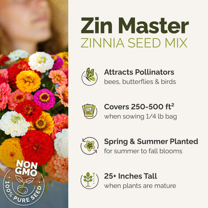Zin Master Zinnia Seed Mix packaging with colorful flowers and product details.