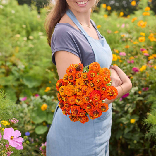 Hand-held Zinnia Lilliput Orange bouquet showing orange coloring and flower form, clustered blooms, and cut stems outdoors.