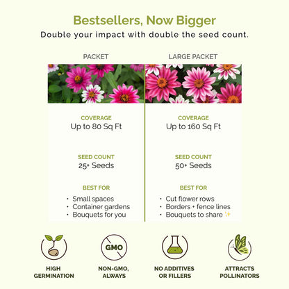 Comparison chart of seed packet and large packet sizes with coverage, seed count, and benefits listed.